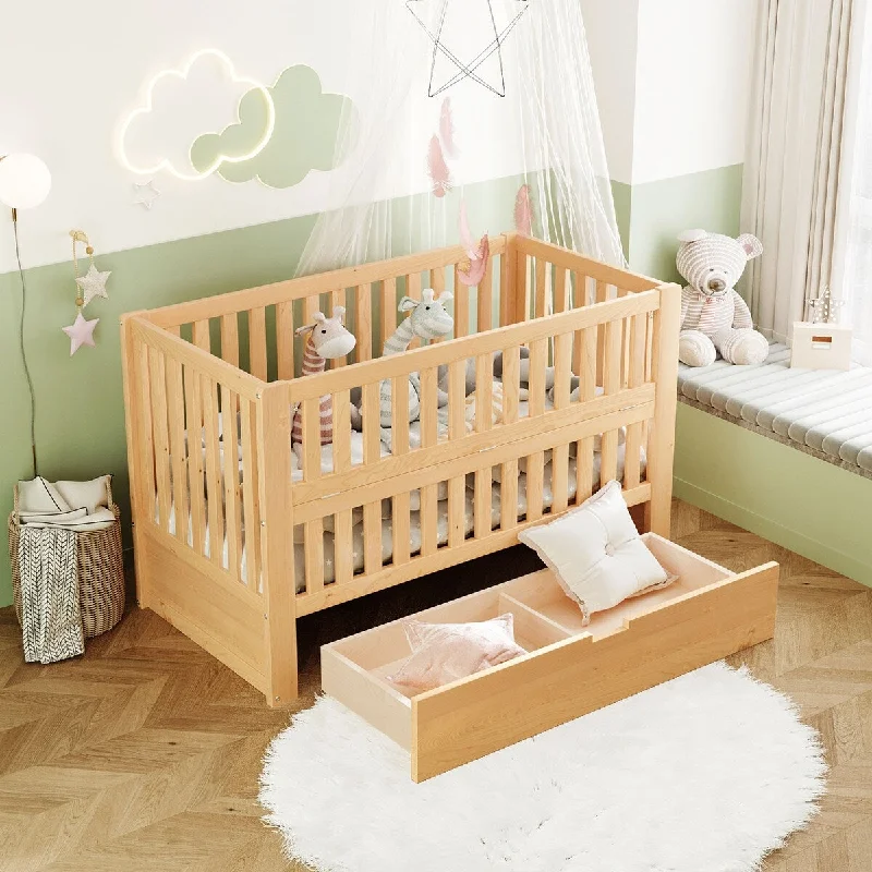 Natural Solid Wood 2-in-1 Convertible Crib with Drawers, Adjustable Height, Converts to Toddler Bed, Space-saving