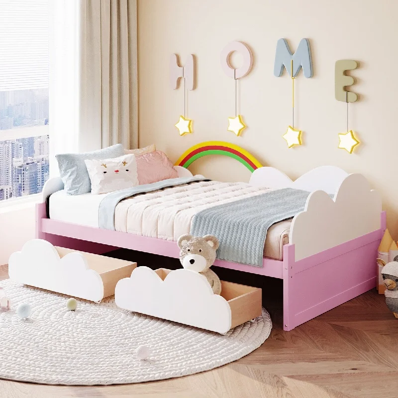 Natural Theme Twin Size Platform Bed with 2 Drawers, Clouds and Rainbow Decor, Sturdy and Durable Pine Frame