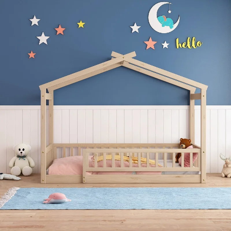 Natural Twin Size Playhouse Design House Bed Frame with Fence, Roof & Semi-Enclosed Space, Sturdy Pinewood Construction