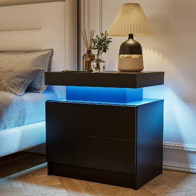 Nightstand Bedside Table Cabinet Built-in LED Lights, Living Room End Side Table with 2 Drawers, Bedroom Lamp Table - Black