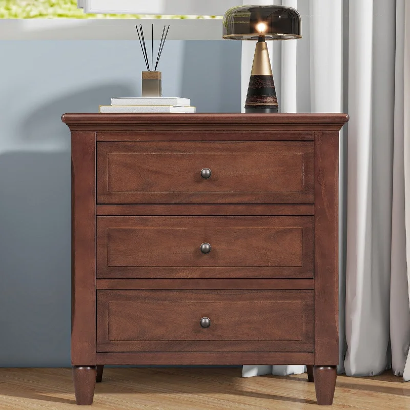 Nightstand Brown Wooden Finish Bedside Table with 3 Metal Sliding Rail Drawers, Storage Cabinet End Table for Bedroom Office