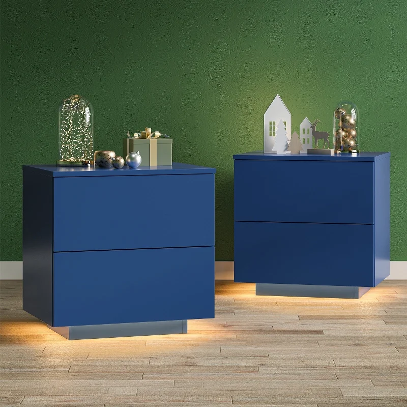 Nightstand LED Side Tables, Bedroom Modern End Tables with 2 Drawers, Mudroom Blue Accent End Table for Living Room