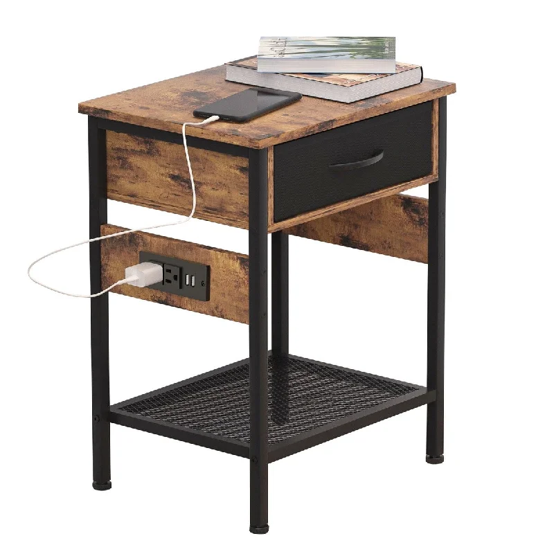 Nightstand with Charging Station Side Table, Bedroom Brown End Table