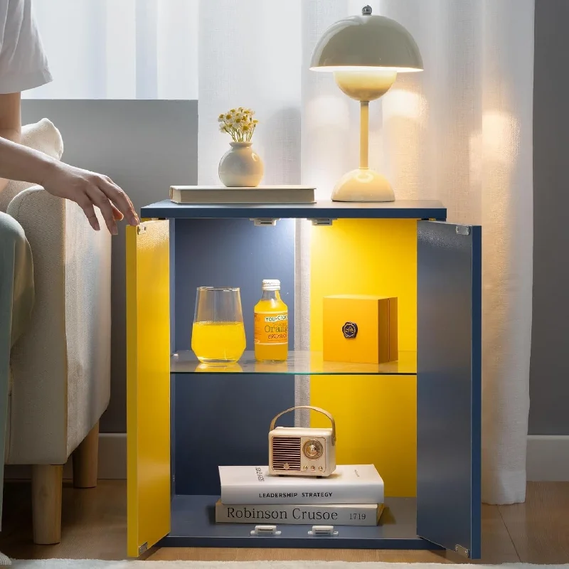 Nightstand with LED Coffee Table with Glass Shelves, Farmhouse Gray Bedside Tables, Two-color Storage Unit Table (Yellow & Blue)