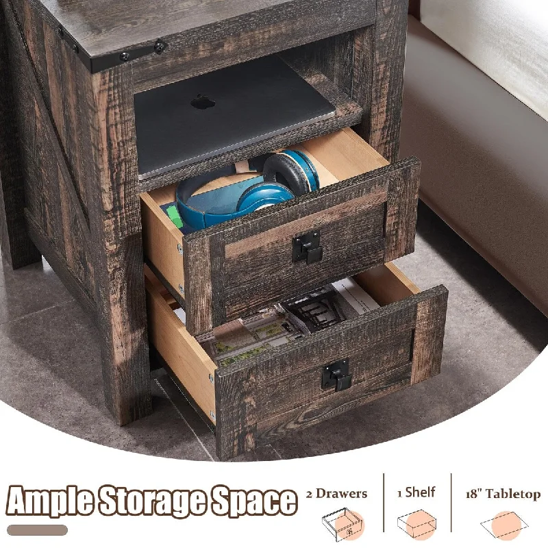 Nightstand wtih Charging Station, End Table, Side Table with 2 Drawers Storage Cabinet for Bedroom, Living Room