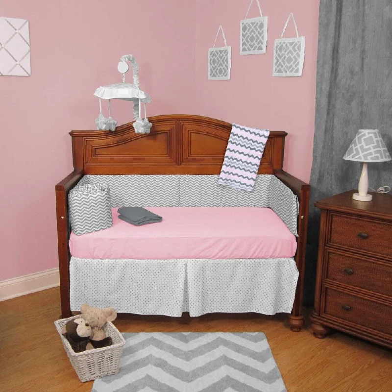 Pink and Gray Chevron Zigzag with Dots 4-piece Crib Bedding Set