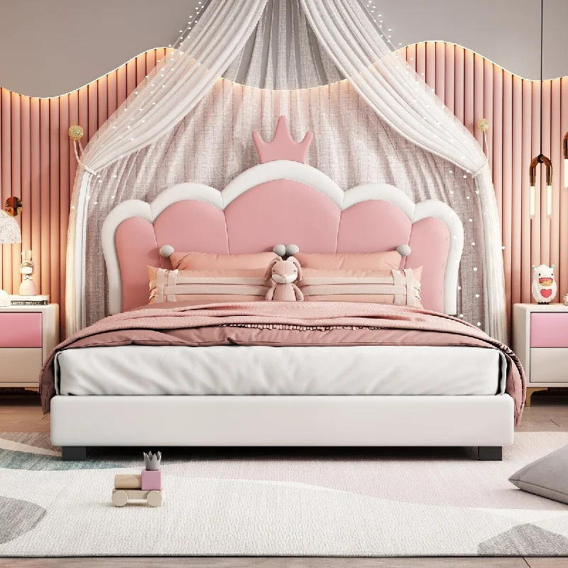 Pink Full Size Princess Upholstered Platform Bed with Crown Headboard, Solid Pine Wood Frame, Easy Assembly