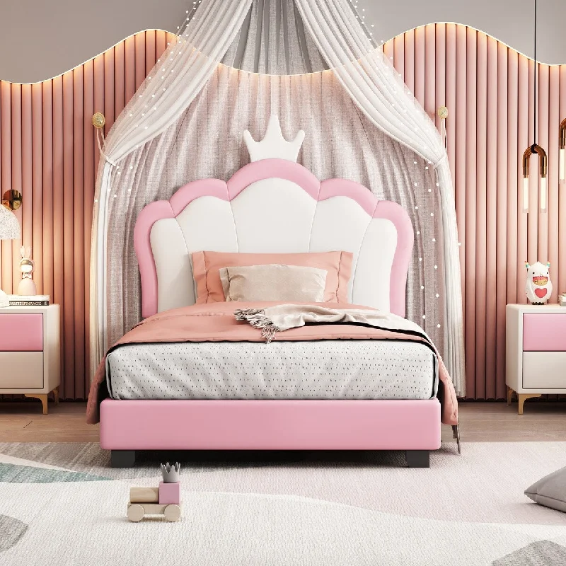 Pink Twin Size Princess Upholstered Platform Bed with Crown Headboard, Solid Pine Wood Frame, Easy Assembly