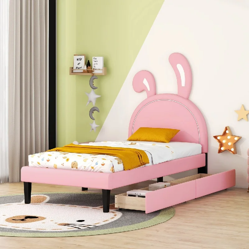 Pink Twin Size PU Leather Upholstered Platform Bed with Rabbit Ornament Headborad and 2 Drawers, Ideal for Kids