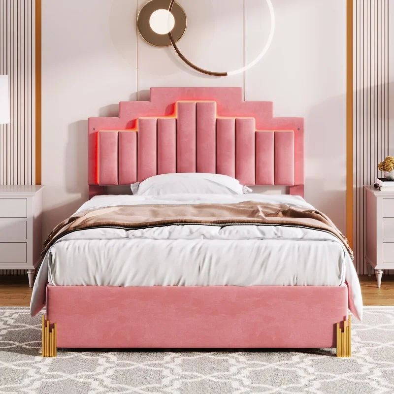 Pink Velvet LED Platform Bed with 4 Drawers & RGB Lights