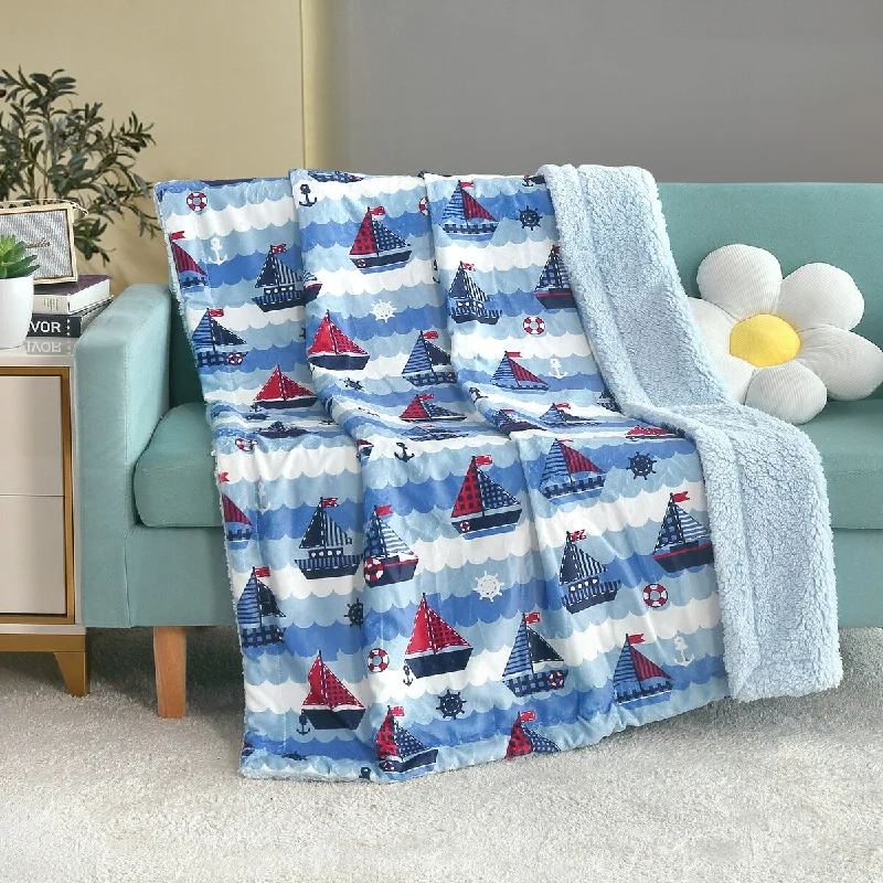 Printed Flannel Fleece Throw Sherpa Kids Blanket, 40 x 50 Inch Nautical Sailing Boat White Base