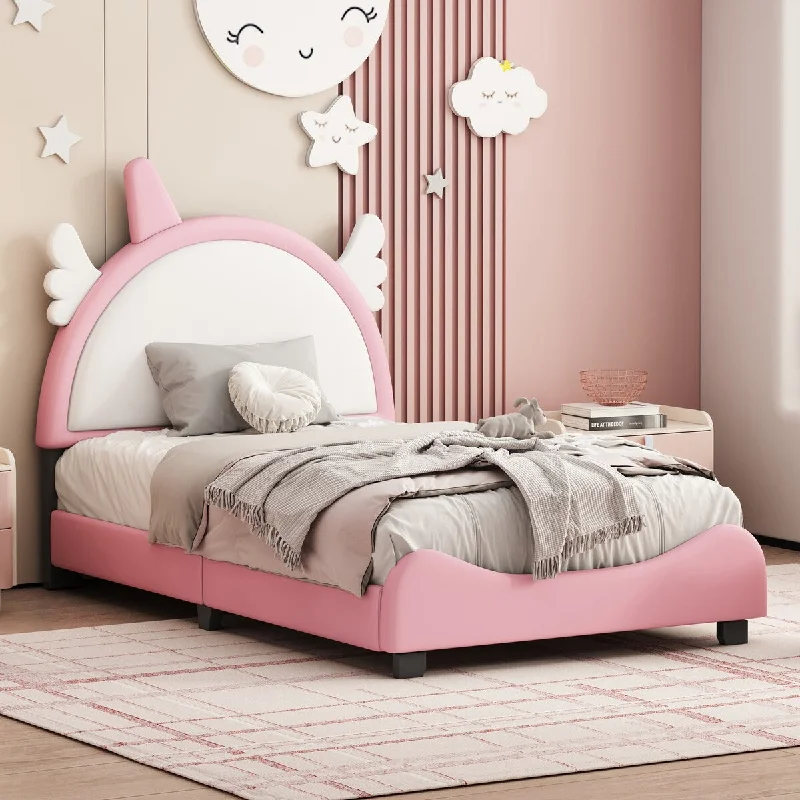 PU Upholstered Platform Bed with Unicorn Shape Headboard, Sturdy Pine Wood Frame, Easy Assembly