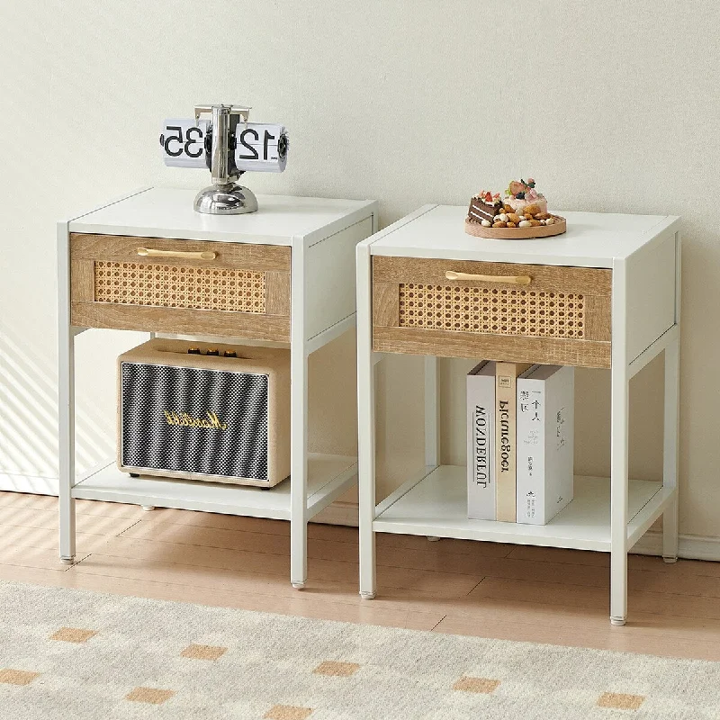 Set of 2, 15.74" Rattan End table with drawer, Modern nightstand, metal legs,side table for living room, bedroom