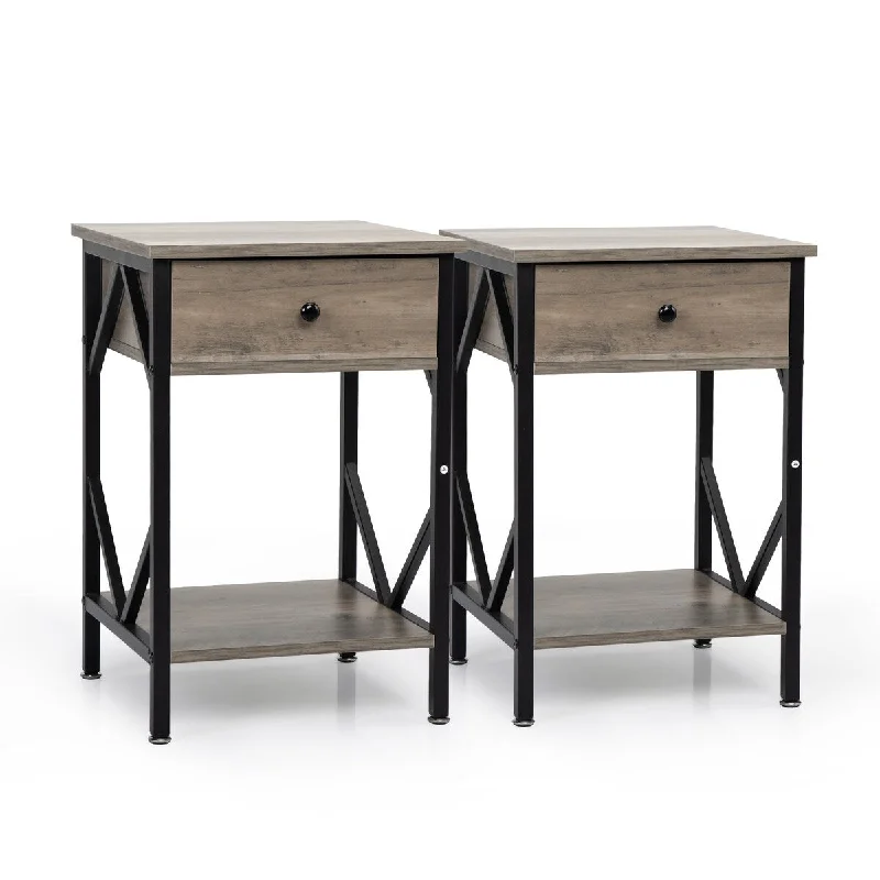 Set of 2 Metal Frame Nightstand End Table Bedroom, Washed Gray