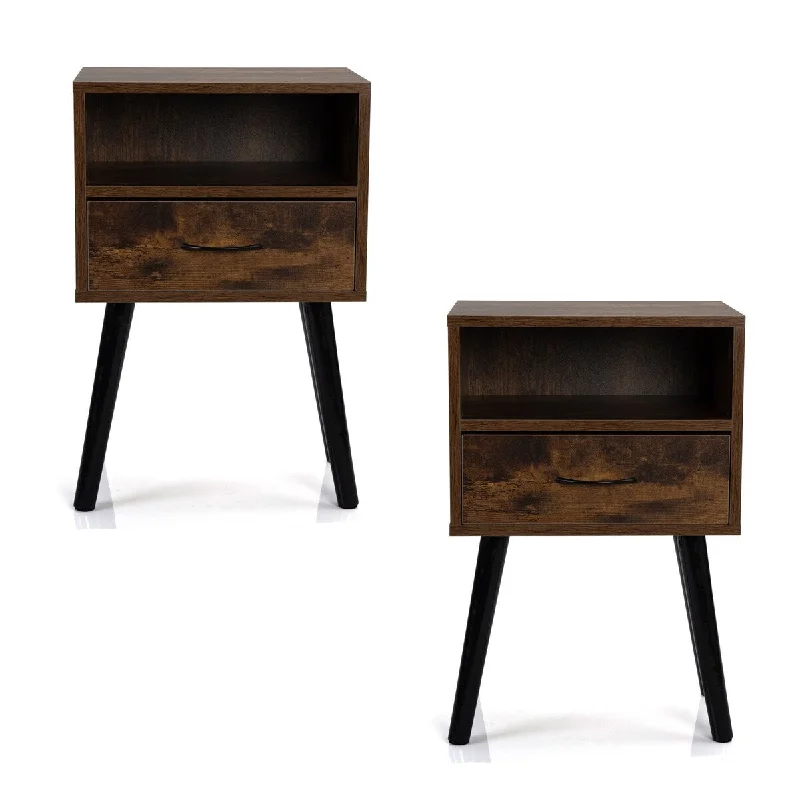 Set of 2 Nightstand Bedroom Cabinet Mid Century Brown End Table