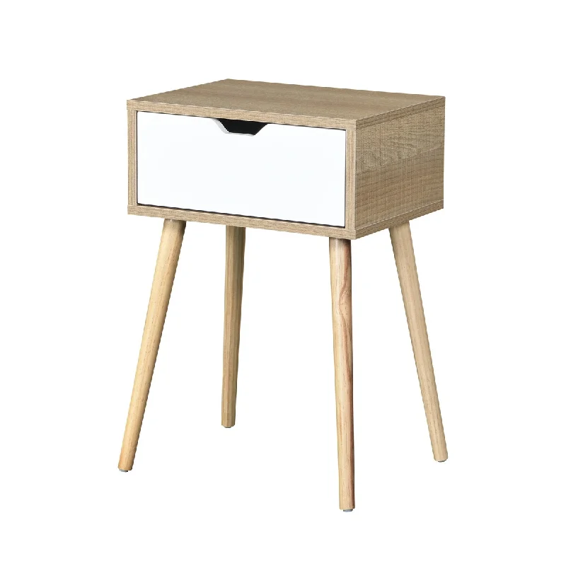 Solid Wood Color Nightstand with White Drawer Bedroom End Table