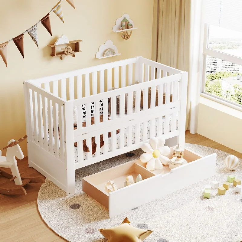 Solid Wood Convertible Crib with Drawers, Adjustable Height, Converts to Toddler Bed and Full Size Bed