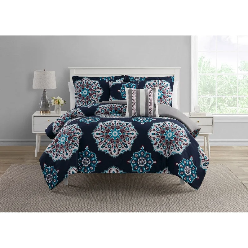 Sosa Navy/Plum/Teal/Gray Medallion 5-Piece Comforter Set