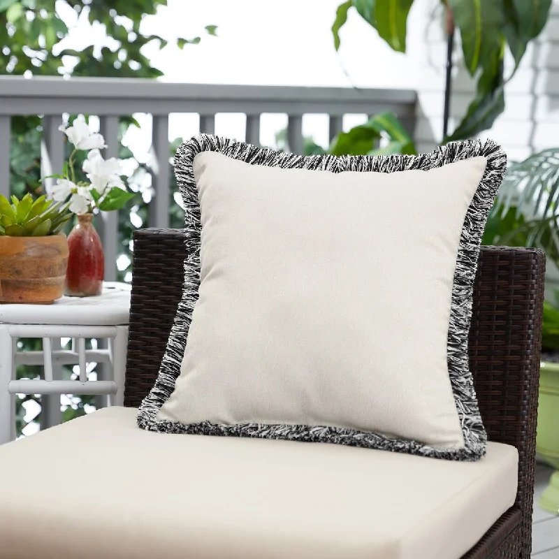 Sunbrella Canvas Natural Indoor/Outdoor Square Pillow with Fringe - Black & White Fringe