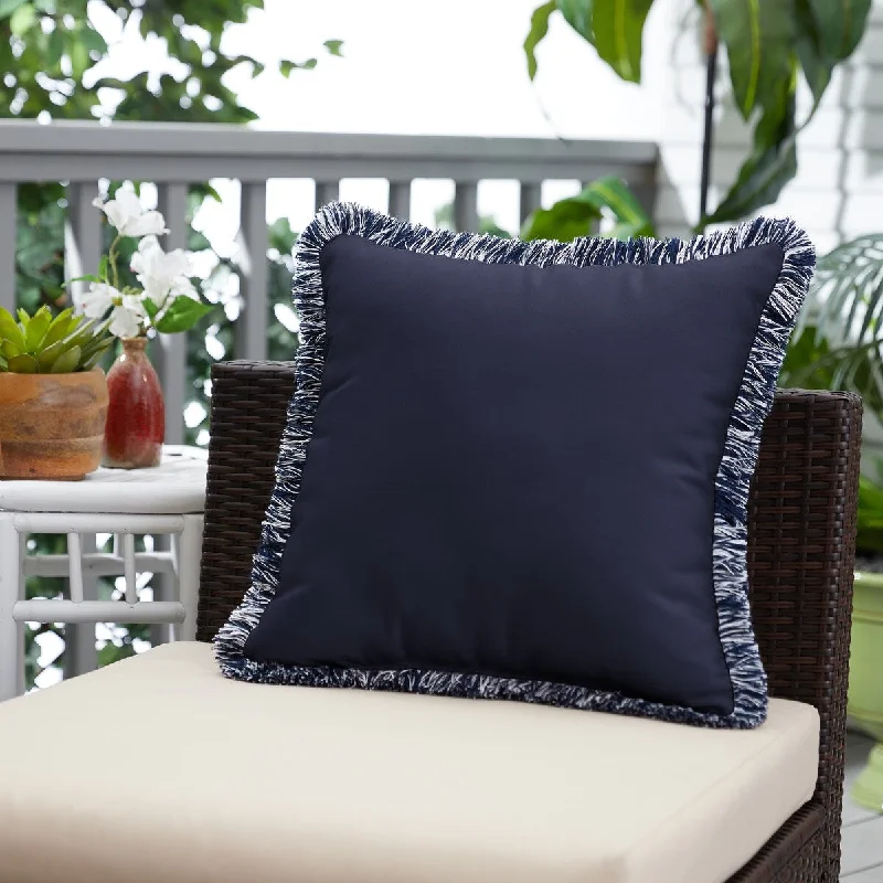 Sunbrella Canvas Navy Indoor/Outdoor Square Pillow with Fringe - Navy & White Fringe