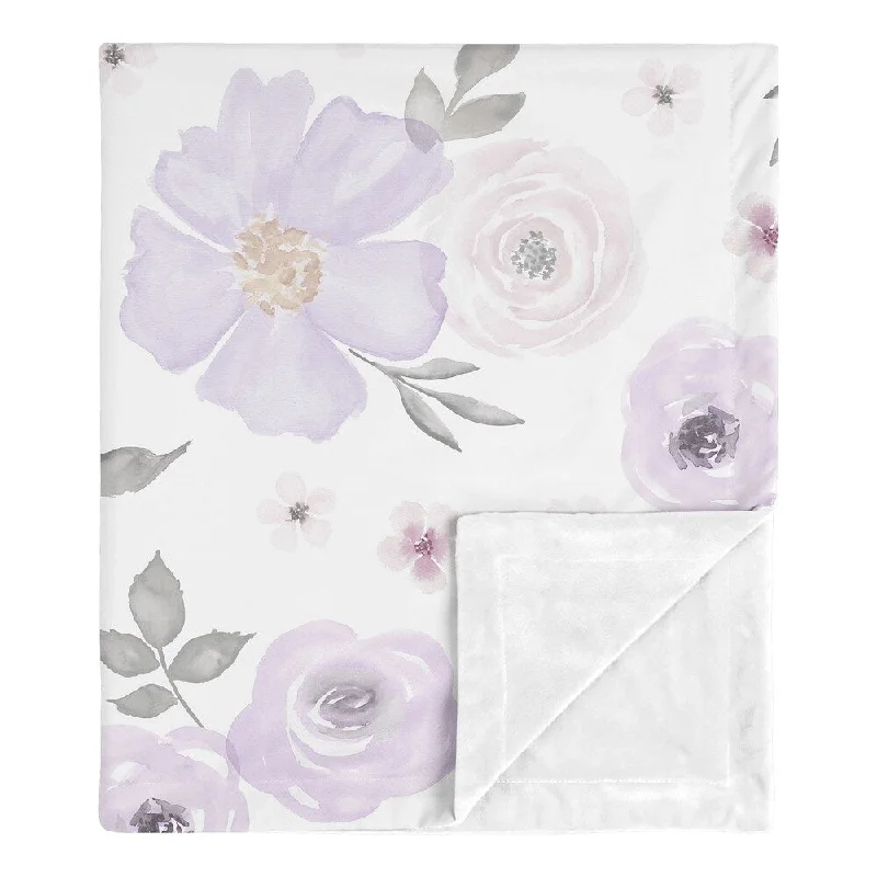 Sweet Jojo Designs Shabby Chic Watercolor Floral Collection Baby Receiving Security Swaddle Blanket - Lavender Purple Pink Grey