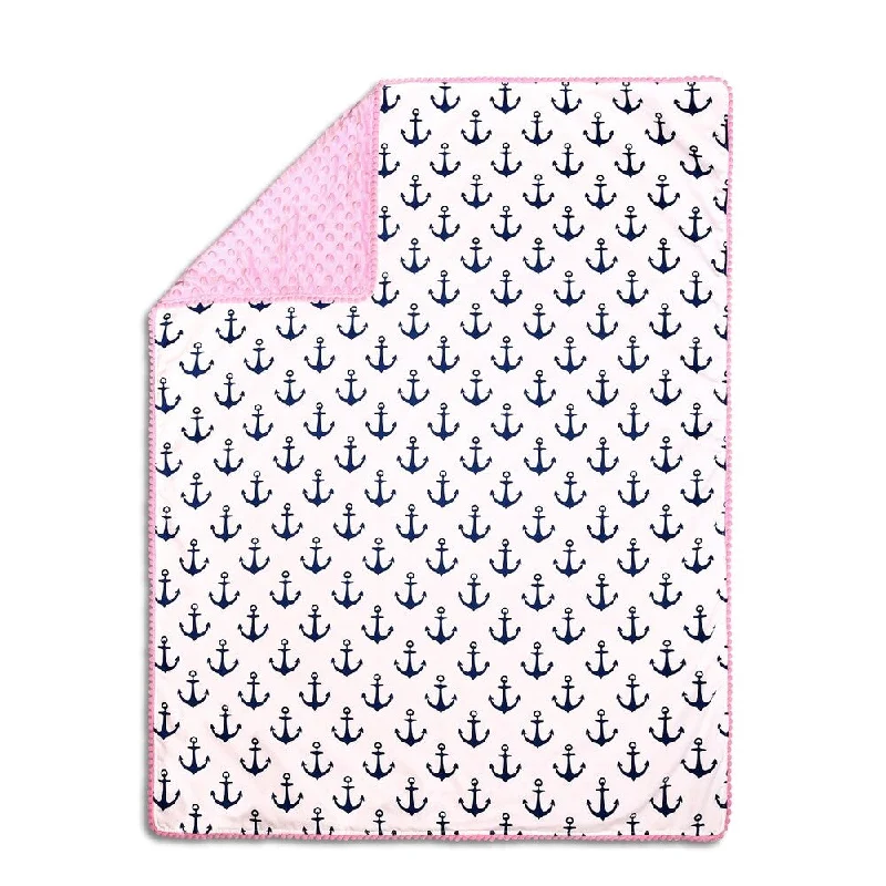 The Peanutshell Pink/Navy Anchor Pompom Blanket.