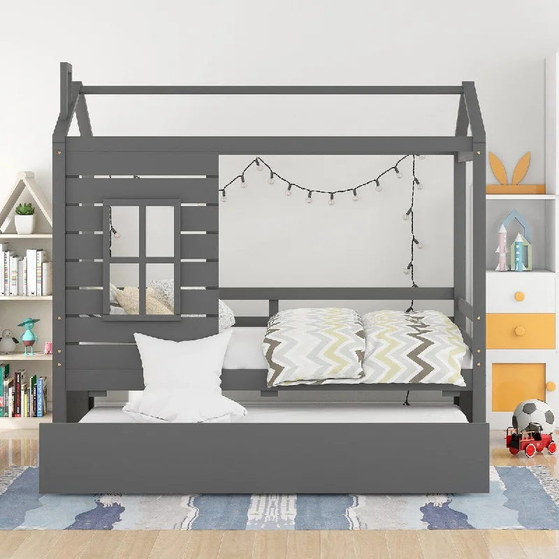 Twin House Bed with Trundle & Guardrail