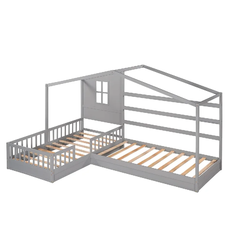 Twin L-Shaped House Bed with Fence & Slatted Frame