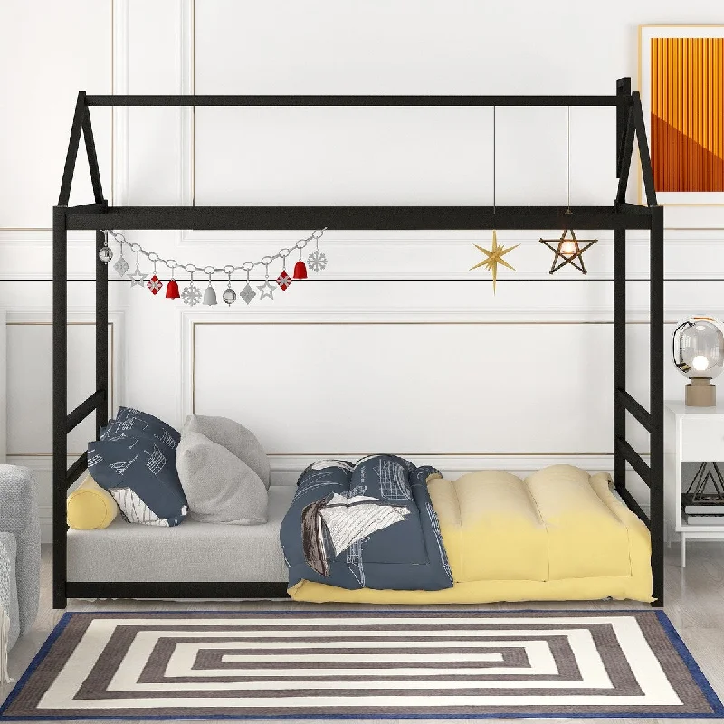 Twin Metal House Platform Bed with Roof