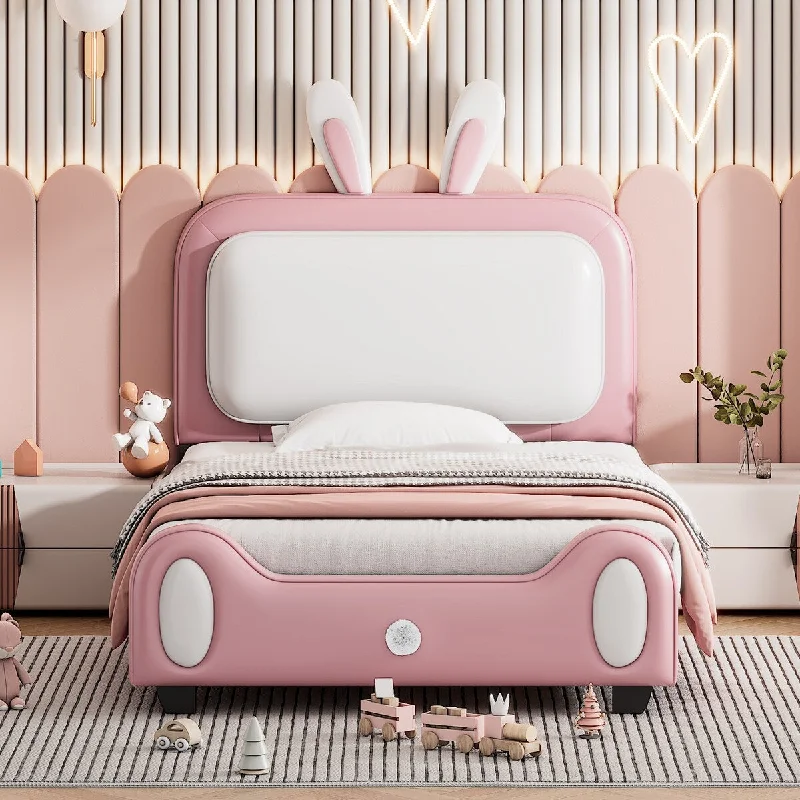 Twin Size Rabbit-Shape Upholstered Platform Bed, Cute Princess Design, Easy Assembly, Solid Construction