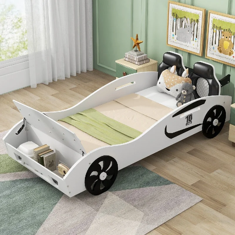 Twin Size Race Car-Shaped Platform Bed with Wheels and Storage, White