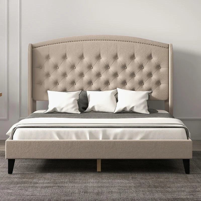 Upholsted Bed Frame with Wingback Headboard, King Size