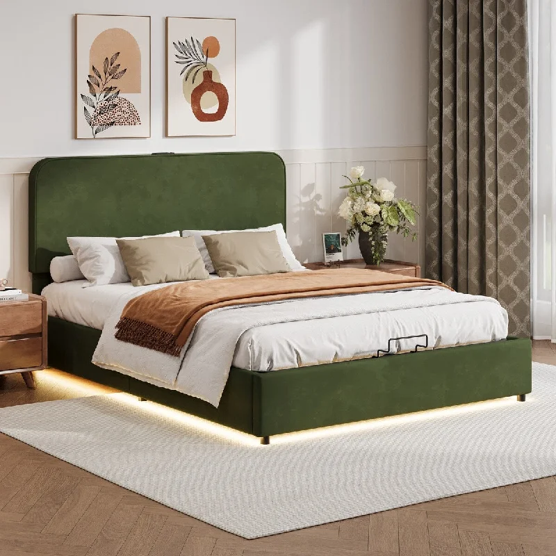 Upholstered Platform Queen Size Hydraulic Storage Bed, Lychee Velvet