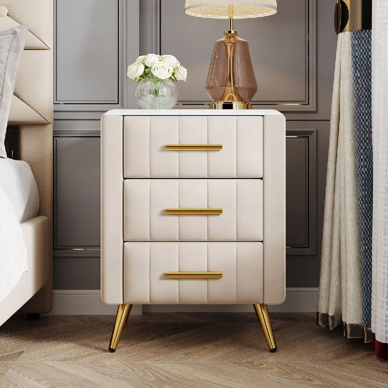 Velvet Upholstered Nightstand Bedside Table, Storage Cabinet - Beige