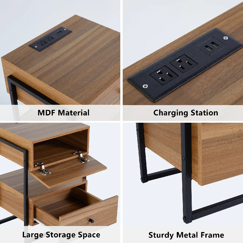 Walnut Finish Bedside Side Table, Nightstands Set of 2 with Charging Station and USB Port, Retro End Table with Storage Drawer