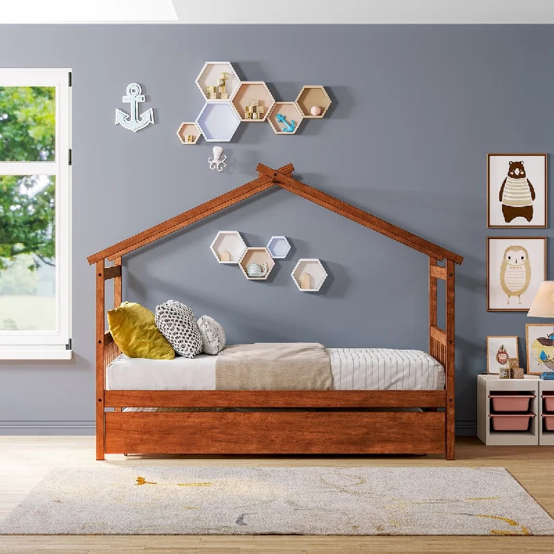 Walnut Twin House Bed with Trundle, Pine Construction