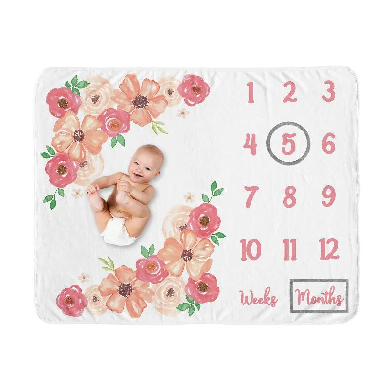 Watercolor Floral Collection Girl Baby Monthly Milestone Blanket - Peach and Green Boho Shabby Chic Rose Flower