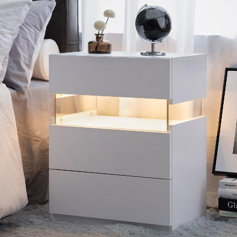 White Bedside Cabinet Dresser LED Nightstand with 3 Drawers