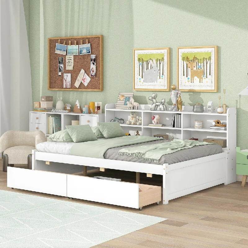 White Full Bed with Bookcase, 2 Drawers