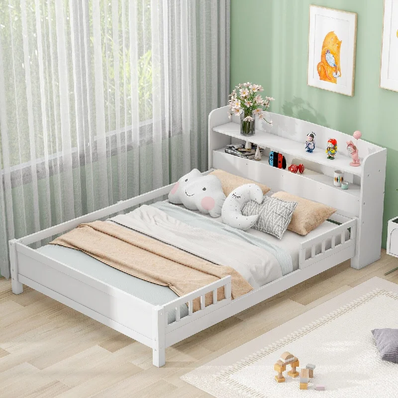 White Full Size Classic Wooden Platform Bed with LED Light, Storage Headboard, Safety Guardrail, Sturdy Construction