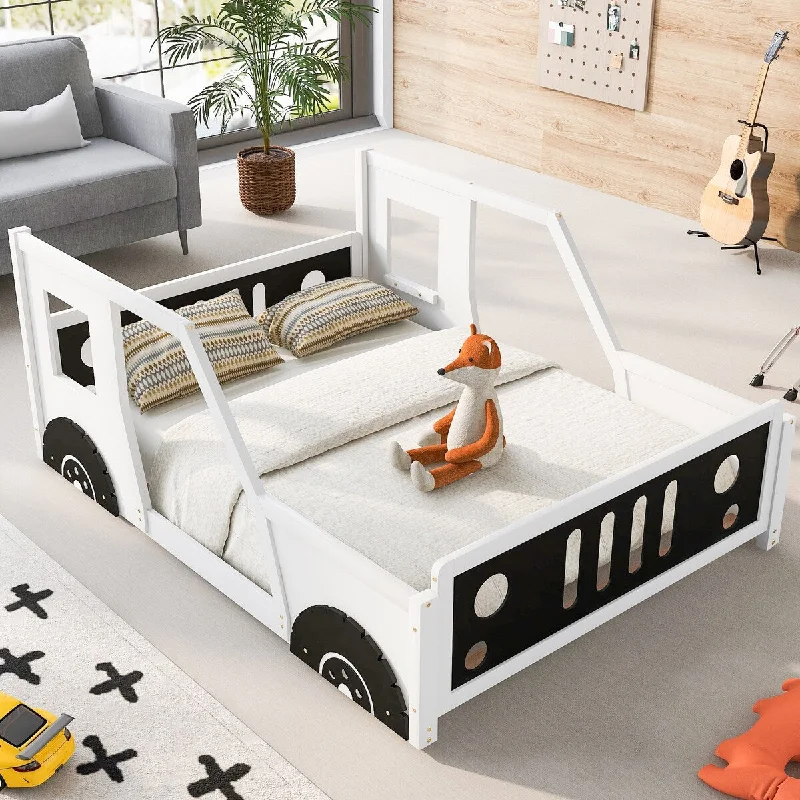 White Full Size Pine Wood Classic Car-Shaped Platform Bed with Wheels, Car Doors and Guardrails, Sturdy Frame, Easy Assembly