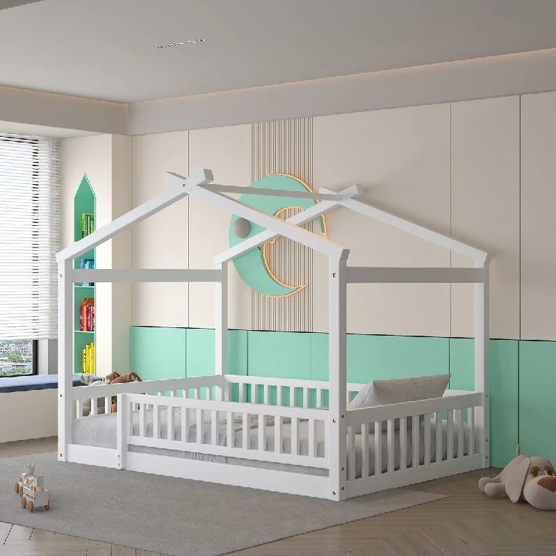 White Full Size Playhouse Design House Bed Frame with Fence, Roof & Semi-Enclosed Space, Sturdy Pinewood Construction