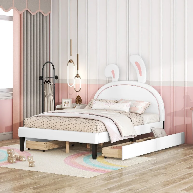 White Full Size PU Leather Upholstered Platform Bed with Rabbit Ornament Headborad and 2 Drawers, Ideal for Kids