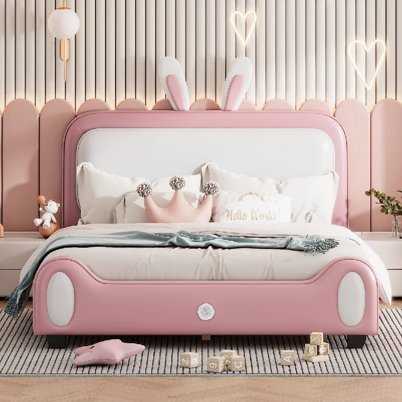 White+Pink Full Size Rabbit-Shape Upholstered Platform Bed, Cute Princess Design, Easy Assembly, Solid Construction