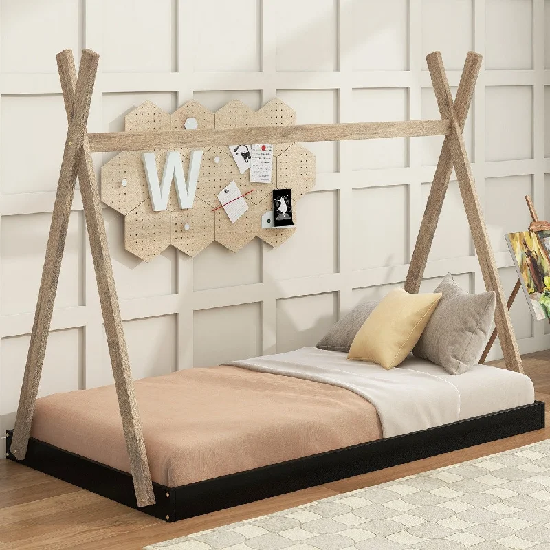 Wood Triangle Structure Tent Floor Bed, Safe Platform, Sturdy Frame, Simple Style, No Box Spring Required