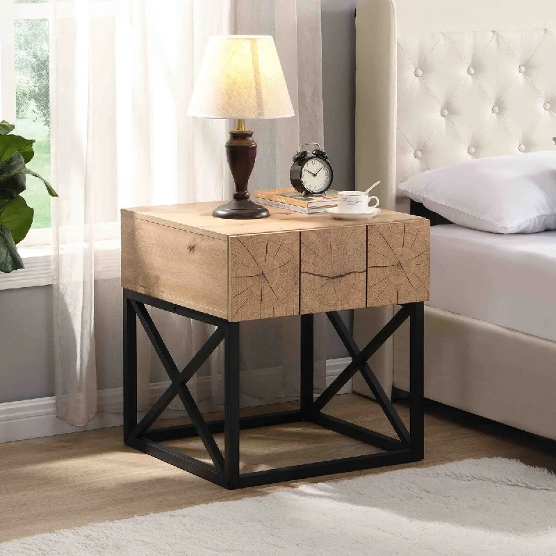 Wooden Accent End Table, Rustic Night Stand with Drawer, Metal Frame End Table, Industrial Bedside Table for Living Room