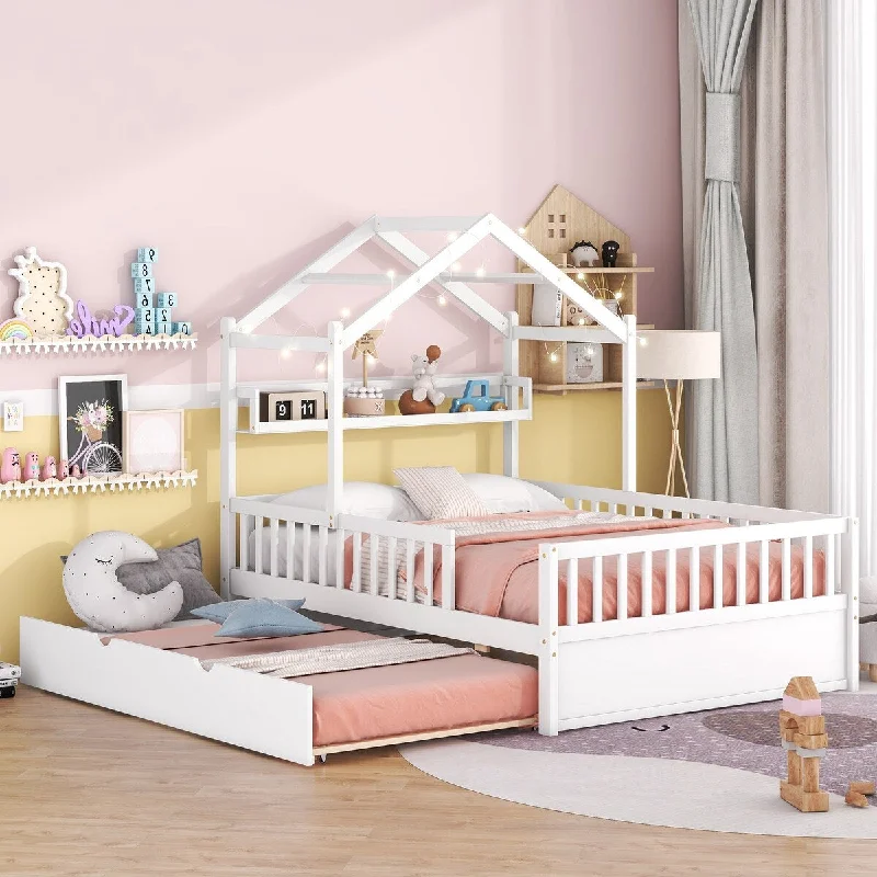 Wooden Full Size House Bed with Twin Size Trundle, Playhouse Design, Shelf Compartment, Sturdy Pine Frame