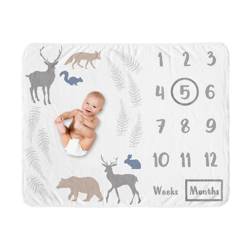 Woodland Animals Boy or Girl Baby Monthly Milestone Blanket - Blue Grey Tan Forest Bear Deer Fox Bunny Rabbit Squirrel Neutral