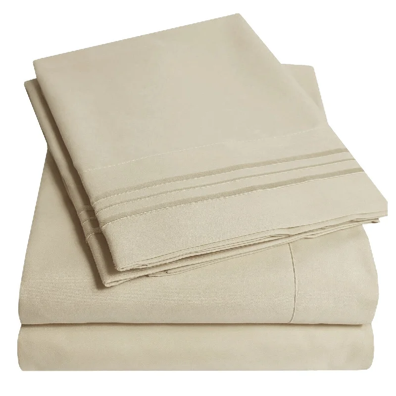 4-Piece Beige Sheet Set 2000 Embroidery Soft Cozy 12" Deep Pocket