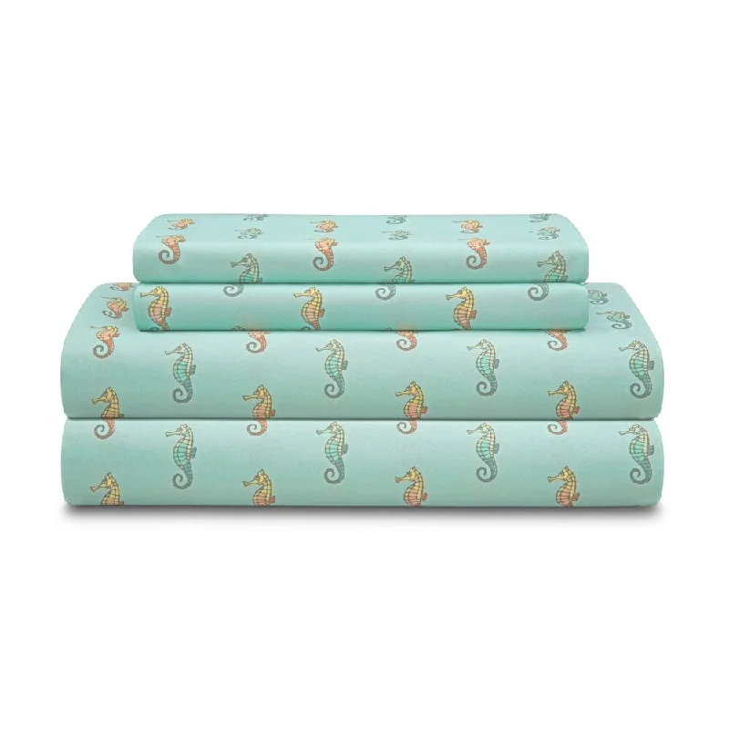 Coastal Seahorse Aqua Microfiber Print Sheet Set